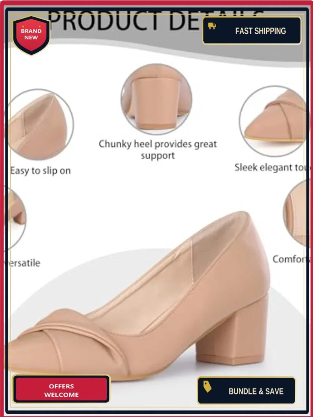Chunky Heel Pointed Toe Slip On Pumps Faux Leather Work Shoes
